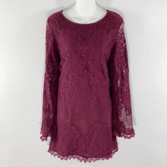 Lulu’s Can't Forget You Burgundy Lace Bell Sleeve Shift Dress - Picture 3 of 14